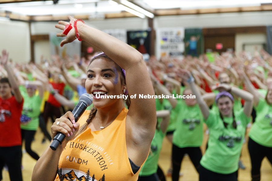 Morgan Holen, helps tech the marathoners the morale dance which is danced at the top of each of the 12 hours of the marathon. Holen is a Chi Omega. 1274 Nebraska students signed up to be part of the Huskerthon Dance Marathon for Children's Hospital in