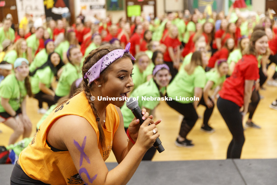 Morgan Holen, helps tech the marathoners the morale dance which is danced at the top of each of the 12 hours of the marathon. Holen is a Chi Omega. 1274 Nebraska students signed up to be part of the Huskerthon Dance Marathon for Children's Hospital in