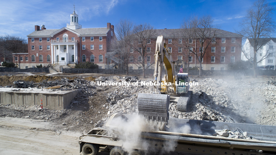 The cleanup of the rubble from the Cather Pound Residence Halls implosion is almost complete. February 21, 2019. Photo by Craig Chandler / University Communication.