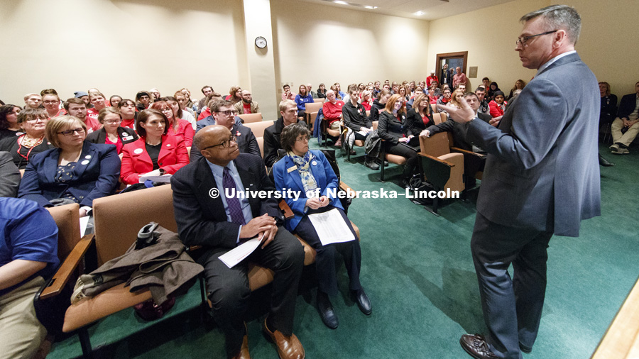 Chancellor Ronnie Green talks to the crowd during the "I Love NU" Advocacy Day. The event at the state legislature was attended by several hundred students, staff, faculty, alumni and friends of the NU system. March 6, 2018. Photo by Craig Chandler /