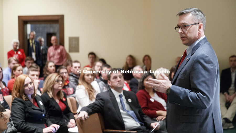 Chancellor Ronnie Green talks to the crowd during the "I Love NU" Advocacy Day. The event at the state legislature was attended by several hundred students, staff, faculty, alumni and friends of the NU system. March 6, 2018. Photo by Craig Chandler /