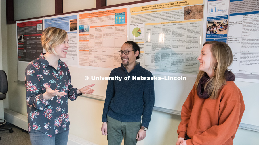 Jenny Dauer, Assistant Professor, School of Natural Resources. Jenny is shown engaging with students in a classroom. Photo for the 2018 publication of the Strategic Discussions for Nebraska magazine. April 9, 2018. Photo by Greg Nathan, University Communication.