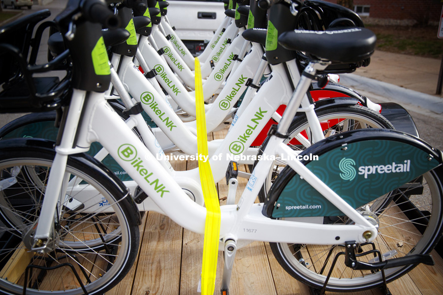 The new bike share BikeLNK is now available on City Campus. April 10, 2018. Photo by Craig Chandler / University Communication.