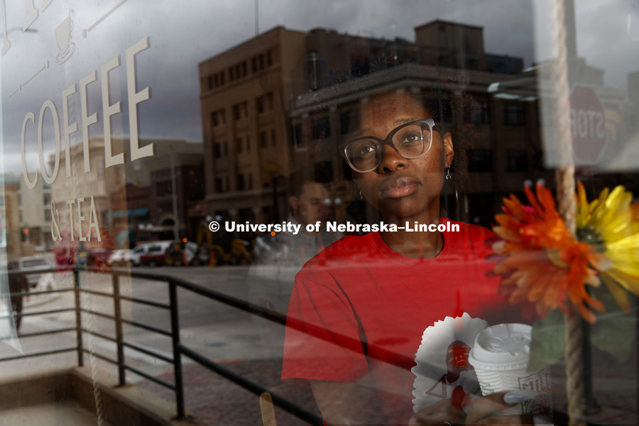 Students study downtown at The Mill, one of Lincoln's coffee shops. College of Journalism and Mass Communication photo shoot. April 17, 2019. Photo by Craig Chandler / University Communication.