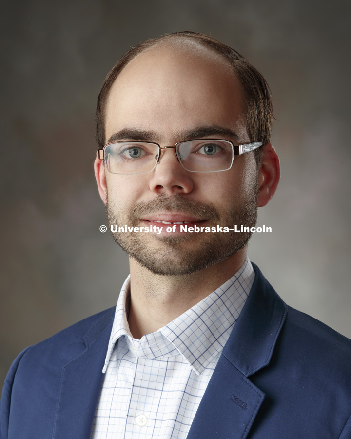 Studio portrait of Alexander Claussen, graduate student in German, and Fulbright awardee. April 26, 2018. Photo by Craig Chandler / University Communication.