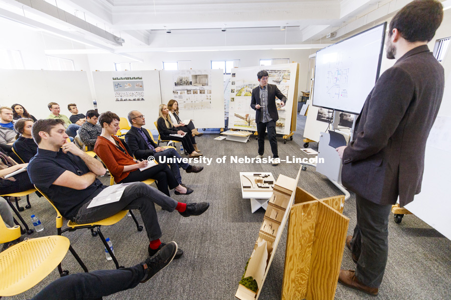Architecture students partnership with SGH Inc. and Dri-Design, present as part of a student scholarship competition for the fourth-year, undergraduate, architectural design studios. April 27, 2018. Photo by Craig Chandler / University Communication.