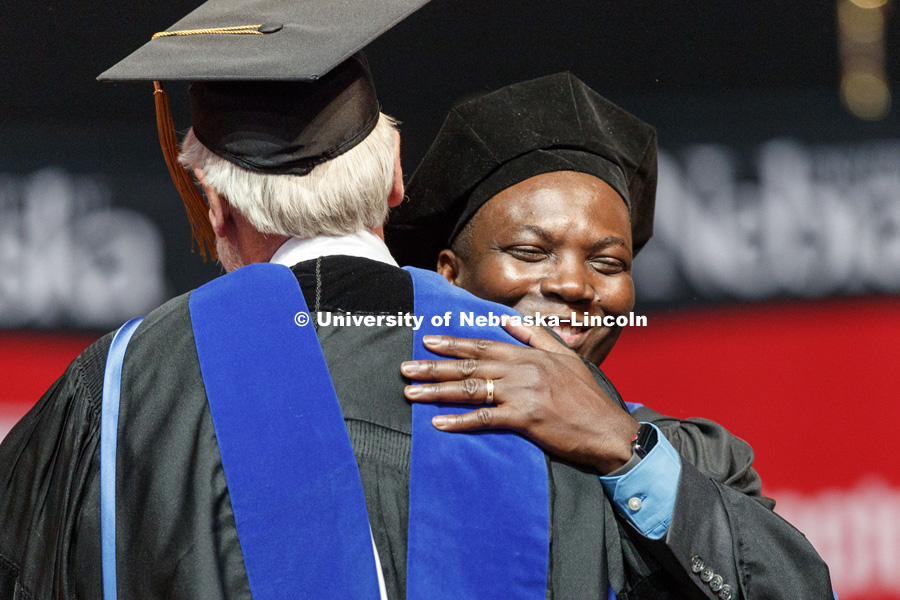 Andrews Boateng receives his doctorate in natural resource sciences. Graduate Commencement at Pinnacle Bank Arena. May 4, 2018. Photo by Craig Chandler / University Communication.
