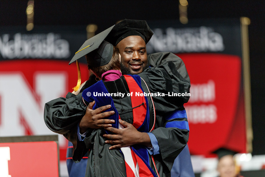 Dayne Hutchinson receives his doctoral in Educational Studies. Graduate Commencement at Pinnacle Bank Arena. May 4, 2018. Photo by Craig Chandler / University Communication.