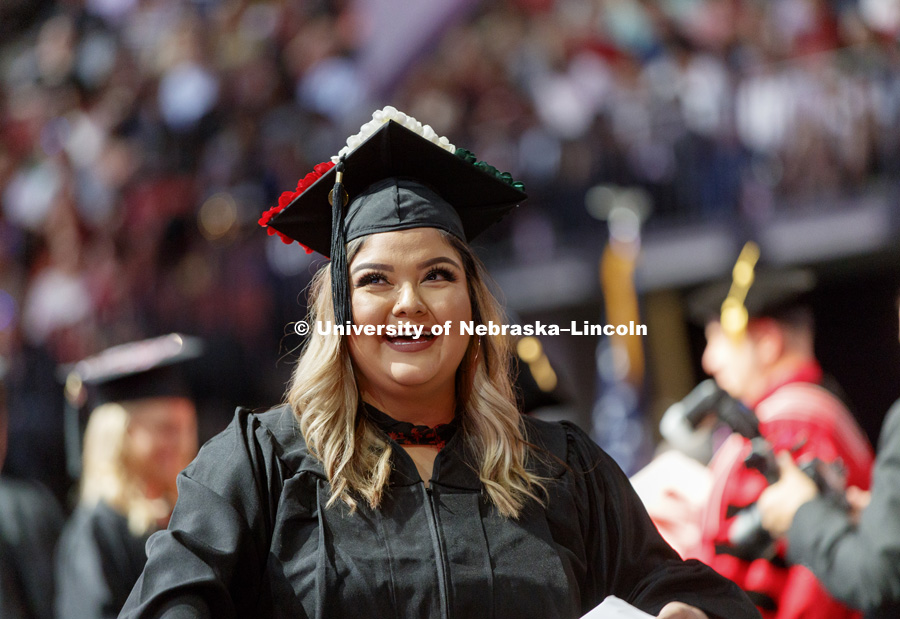 Skarley Gonzalez celebrates her College of Business degree. Undergraduate Commencement at Pinnacle Bank Arena. May 5, 2018. Photo by Craig Chandler / University Communication.