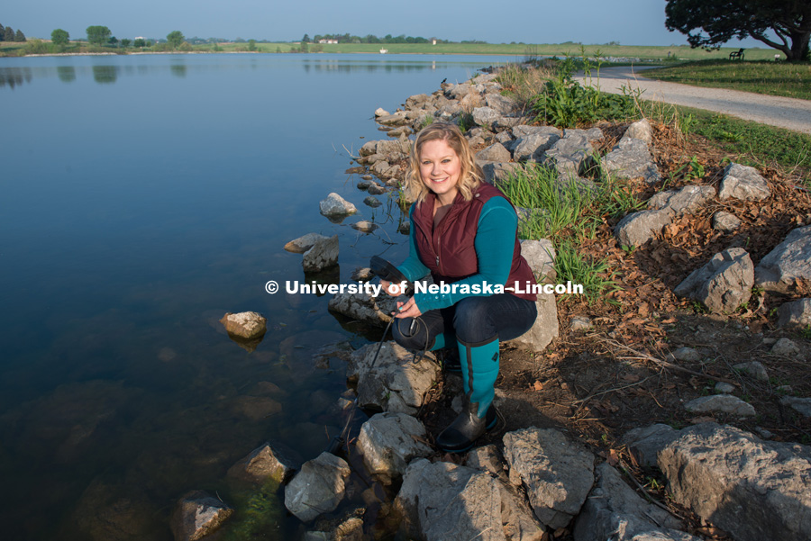 Tiffany Messer, Assistant Professor of Biological Systems Engineering is pictured testing the water from Holmes Lake in Lincoln, NE. May 15, 2018. Photo by Greg Nathan, University Communication.