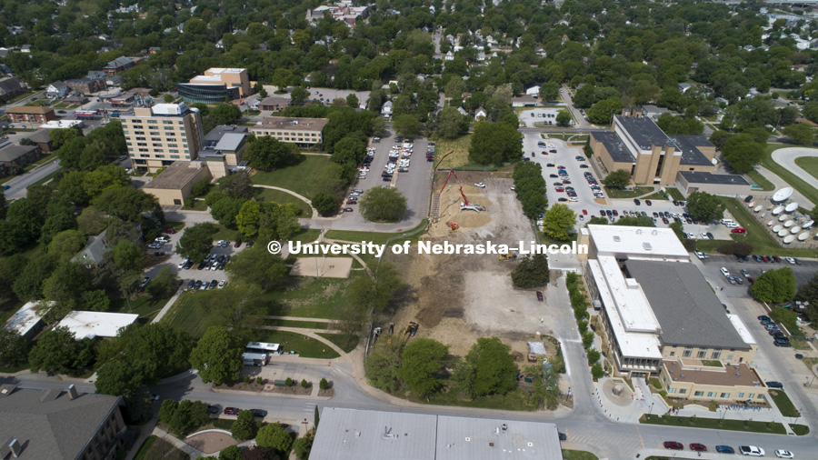 Aerial of the construction of the soon to be recreation field on East Campus. May 18, 2018. Photo by Craig Chandler / University Communication.