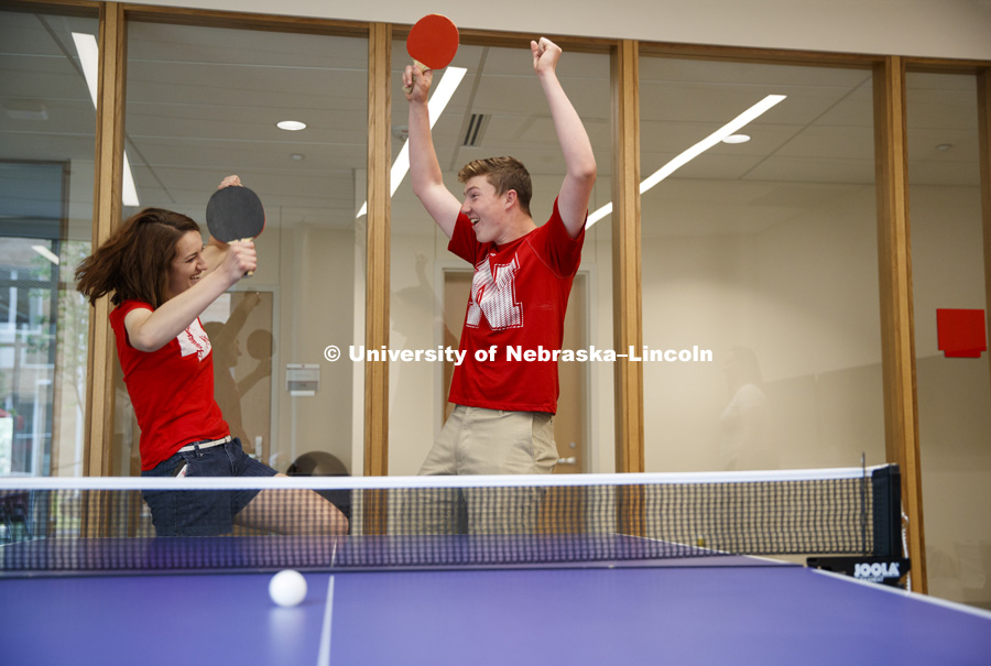 Students play a game of ping pong in the Massengale Residence Hall. CASNR photo shoot on East Campus. May 29, 2018. Photo by Craig Chandler / University Communication.