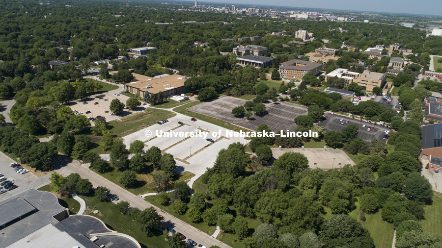 East Campus parking lot built on former tennis courts. June 1, 2018. Photo by Craig Chandler / University Communication.