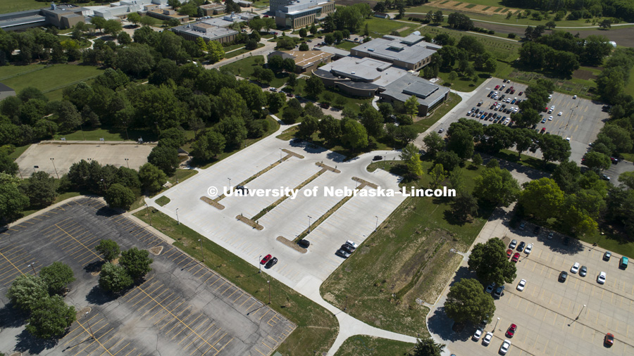 East Campus parking lot built on former tennis courts. June 1, 2018. Photo by Craig Chandler / University Communication.