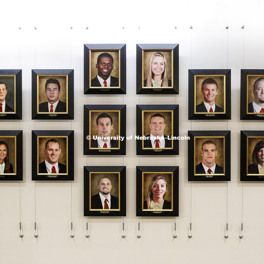 Athletic All-Americans photo wall, photographed for the N150 anniversary book. June 22, 2018. Photo by Craig Chandler / University Communication.