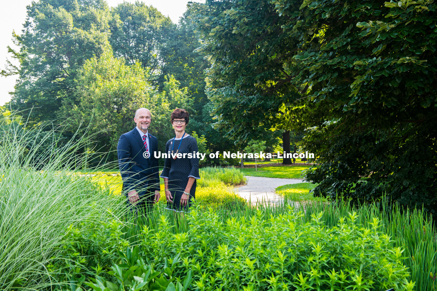 Mark Balschweid, professor and department head for Agricultural Leadership, Educational and Communication, is pictured with Kathleen Lodl, associate dean and tenure professor for the Nebraska Extension. Photo for the 2018 publication of the Strategic Discussions for Nebraska magazine. July 3, 2018. Photo by Greg Nathan, University Communication.