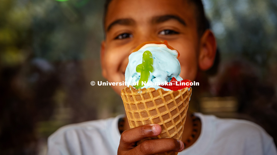 Dairy Store making Shark Week ice cream with gummy sharks in a light blue ice cream. July 18, 2018. Photo by Craig Chandler / University Communication.