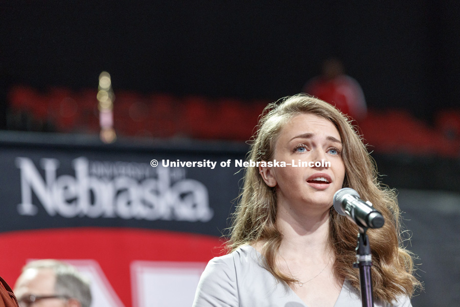 Haley Shoemaker signs the National Anthem. Summer Commencement at Pinnacle Bank Arena. August 11, 2018. Photo by Craig Chandler / University Communication,