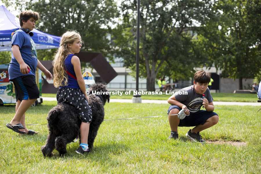 Stanley (left), Norah (middle) and Hudson (right) watch the Kansas City Disc Dogs perform during the Husker Dog fest on August 11, 2018 on the University of Nebraska-Lincoln Campus. Photo by Alyssa Mae for University Communication.