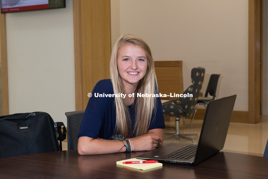 College of Business student, Lilly Markusch is photographed in Hawks Hall. Lilly is a cross country runner that studies in Barcelona. August 13, 2018. Photo by Greg Nathan, University Communication Photography.