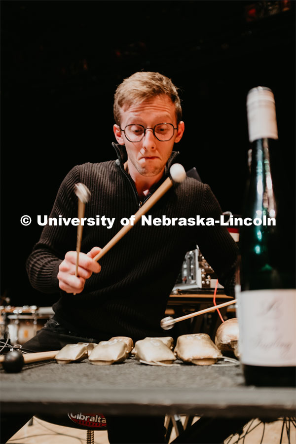 Leon Zajimovic playing bells, Percussion Ensemble rehearsal. August 17, 2018. Photo by Justin Mohling / University Communication.