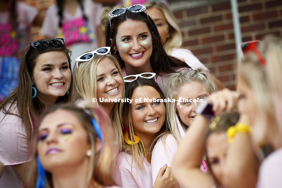 Alpha Chi Omega members pose for a photo. Bid Day for Greek Sororities.  August 18, 2018. Photo by Craig Chandler / University Communication.