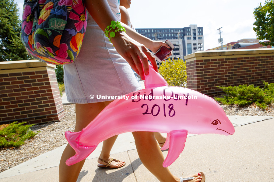 A Delta Delta Delta carries her porpoise decoration to their evening party. Bid Day for Greek Sororities. August 18, 2018. Photo by Craig Chandler / University Communication.