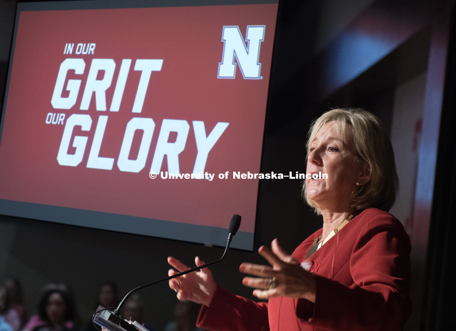 Donde Plowman talks to faculty and staff before the big reveal to the students. In Our Grit, Our Glory brand reveal party on city campus at the Nebraska Union. August 30, 2018. Photo by Greg Nathan, University Communication.