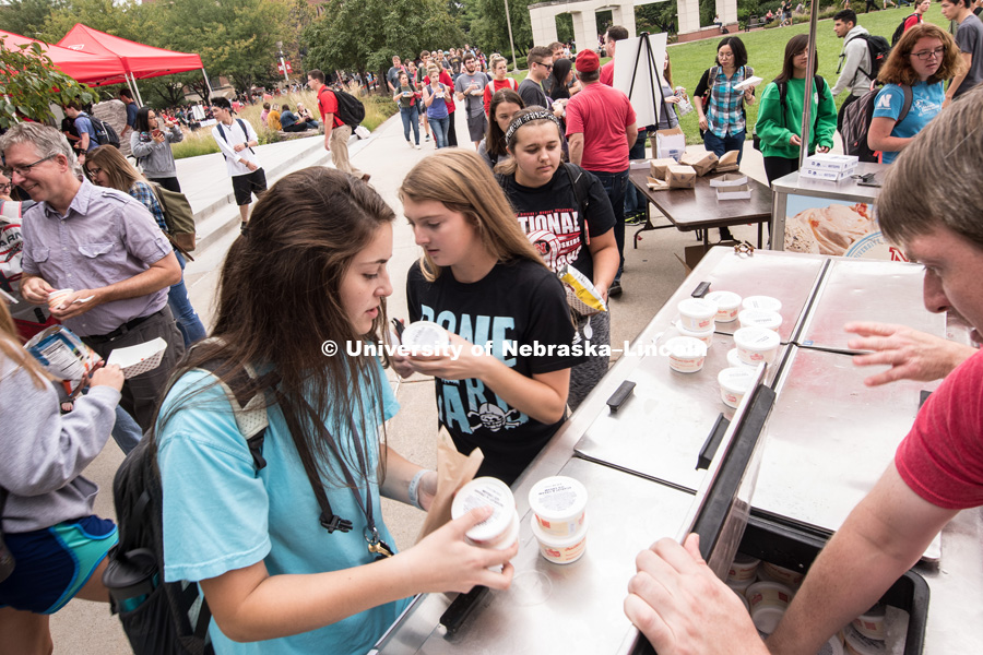 Students get their free Dairy Store ice cream at the Brand Launch. In Our Grit, Our Glory brand reveal party on city campus at the Nebraska Union. August 30, 2018. Photo by Greg Nathan, University Communication.