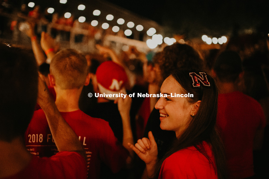 Students come together for a pep rally at the Blue Blood Brewing Company on 925 Robbers Cave Drive in Lincoln, Nebraska, to warn that the “Frost is Coming”. August 31, 2018. Photo by Justin Mohling, University Communication.