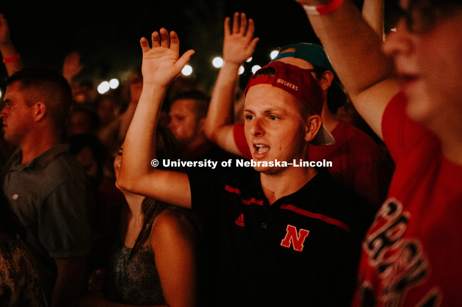 Students come together for a pep rally at the Blue Blood Brewing Company on 925 Robbers Cave Drive in Lincoln, Nebraska, to warn that the “Frost is Coming”. August 31, 2018. Photo by Justin Mohling, University Communication.