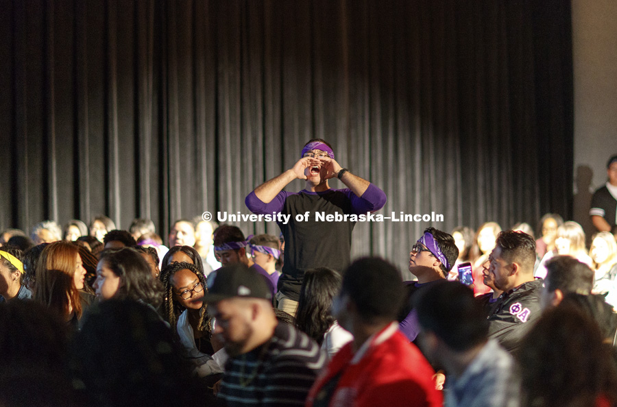 A Sigma Lambda Beta gives the call during the roll call of the chapters. Chapters of Nebraska’s Multicultural Greek Council and National Pan-Hellenic Council compete for best fraternity and sorority stroll. September 7, 2018. Photo by Craig Chandler / University Communication.