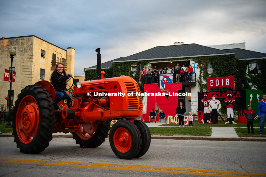 Tractors from the Lester F. Larsen Tractor Test and Power Museum show their stuff in the 2018 Homecoming Parade. September 28, 2018. Photo by Justin Mohling / University Communication.