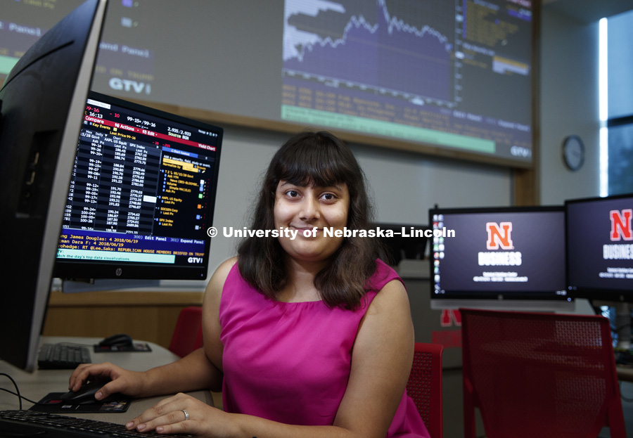 Shaurya Sharma uses a College of Business Bloomberg terminal in the trading room. College of Business Photo Shoot. October 5, 2018. Photo by Craig Chandler / University Communication.