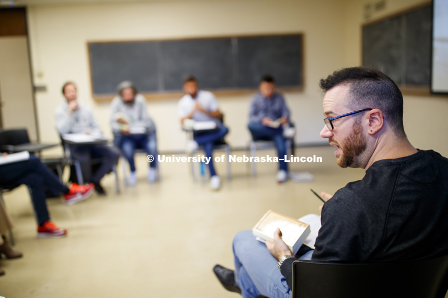 Iker González-Allende teaches a Spanish graduate level course. October 18, 2018. Photo by Craig Chandler / University Communication.