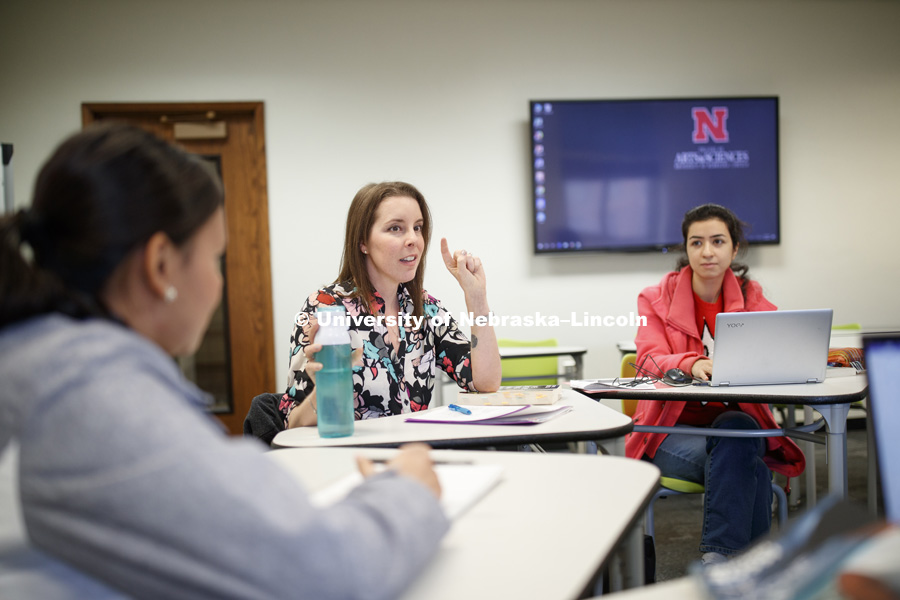 Julia Frengs teaches FREN 929, a graduate level French course, in Burnett Hall. October 29, 2018. Photo by Craig Chandler / University Communication.