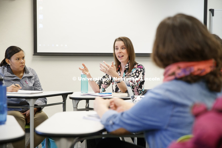 Julia Frengs teaches FREN 929, a graduate level French course, in Burnett Hall. October 29, 2018. Photo by Craig Chandler / University Communication.