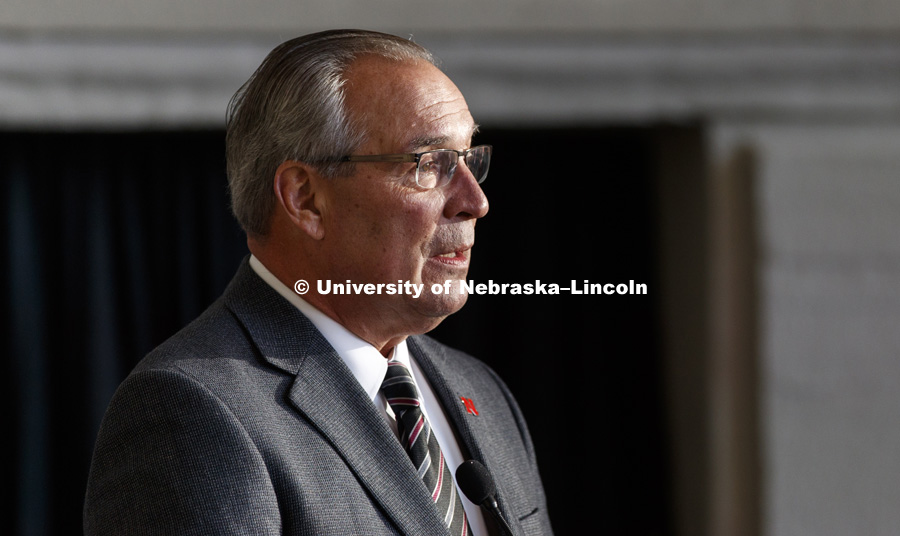 Athletic Director Bill Moos gives his remarks. A new display commemorating the World War I service of Nebraskans and University of Nebraska students was dedicated during a November 11 ceremony at Memorial Stadium. November 11, 2018. Photo by Craig Chandler / University Communication.