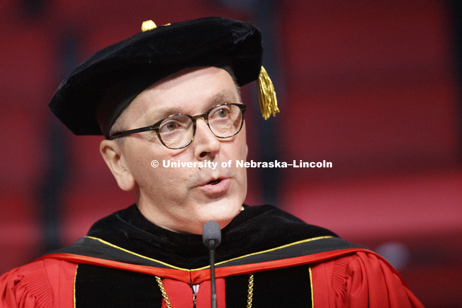 Chancellor Ronnie Green welcomes everyone at the Undergraduate Commencement in Pinnacle Bank Arena. December 15, 2018. Photo by Craig Chandler / University Communication.