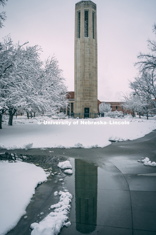 Mueller Bell surrounded by snow. January 12, 2019. Photo by Justin Mohling, University Communication.