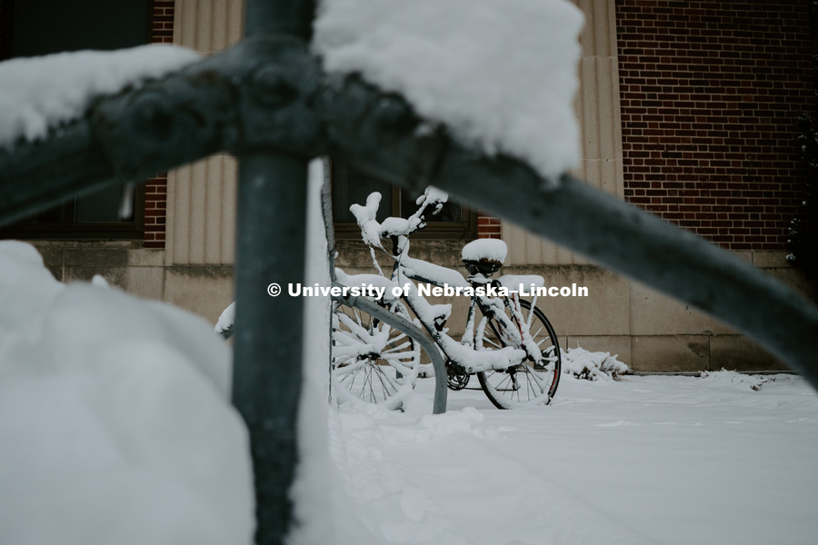 Snow covered bike in bike rack on City Campus. January 12, 2019. Photo by Justin Mohling, University Communication.