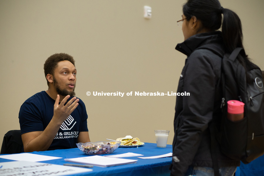 The Husker Civic Challenge Service Learning Fair was held January 16, 2019 in the Nebraska Union on City Campus. Service-Learning Fairs are an excellent opportunity for non-profit organizations to meet with students looking to complete their ABCS service-learning course requirement, find a community-based research project or to serve in their new community. Faculty and staff were invited to attend the fair to find new partners or rekindle community partnerships. Photo by Justin Mohling, University Communication.