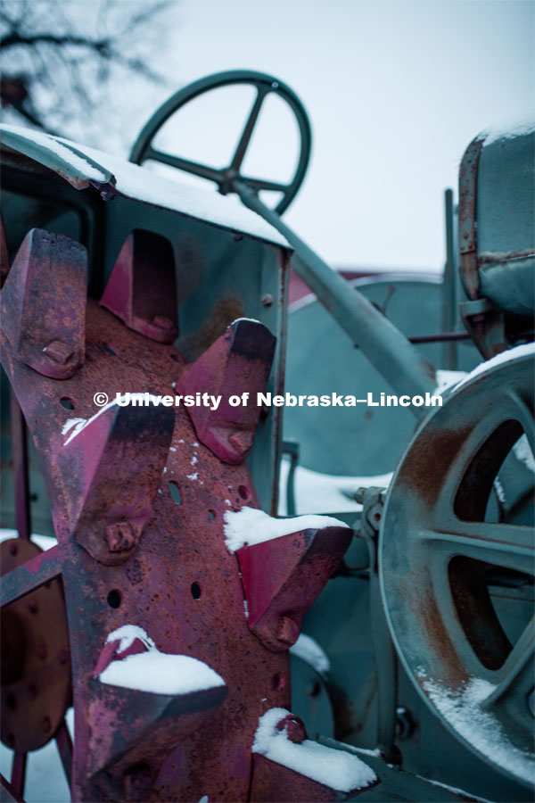 Snow covered tractors at the Larsen Tractor Museum on East Campus. February 11, 2019. Photo by Justin Mohling / University Communication.