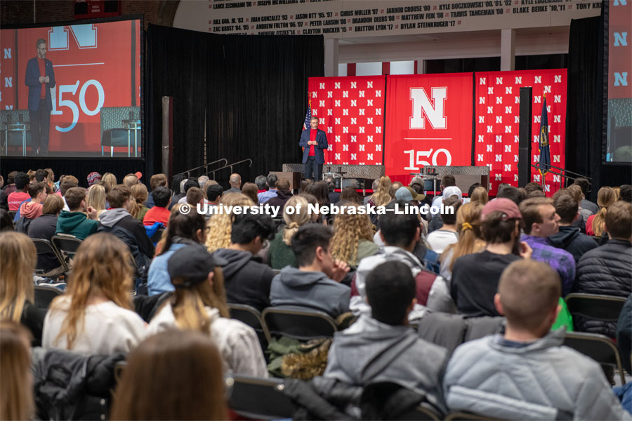 The Charter Week event, “Why Don’t We Get Along? How Huskers Can Change the Future: A Student-led Conversation with Senator Ben Sasse”. February 11, 2019. Photo by Gregory Nathan / University Communication.