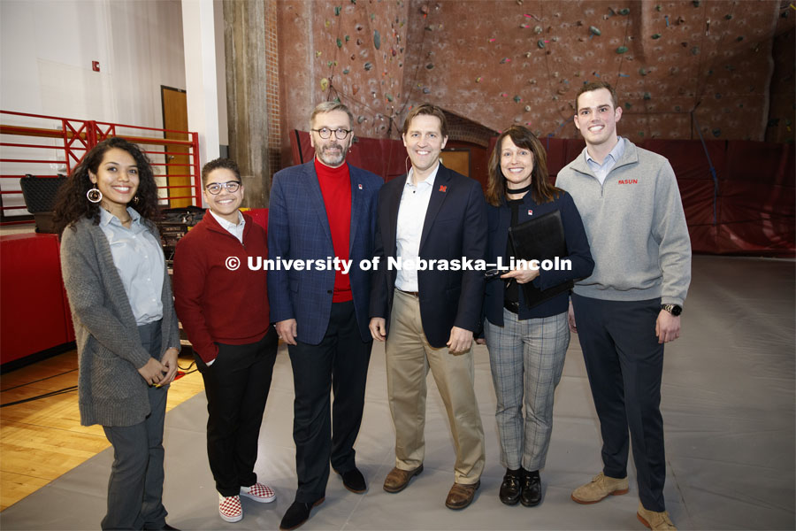 Grace Chambers, Kamryn Sannicks, Chancellor Ronnie Green, Senator Ben Sasse, Patrice McMahon and Hunter Traynor. The Charter Week event, “Why Don’t We Get Along? How Huskers Can Change the Future: A Student-led Conversation with Senator Ben Sasse”. February 11, 2019. Photo by Craig Chandler / University Communication.
