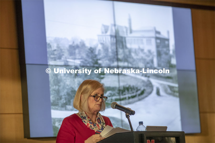 With a background of the university library--now Architecture Hall--Kay Logan Peters gives a special Nebraska Lecture as part of Charter Week on the University's early architectural history before a crowd of more than 300 people. February 12, 2019. Photo by Craig Chandler/University Communication.