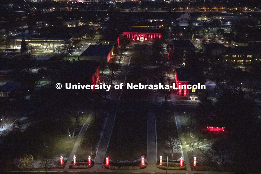 Glow Big Red bathes the campuses with red lights as part of N150's Charter Week celebration. February 14, 2019. Photo by Craig Chandler / University Communication.