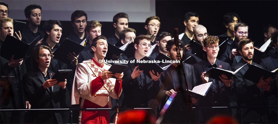 University Singers and Chamber Singers perform the world premiere of Welcome, Pioneers accompanied by the UNL Symphony Orchestra. Charter Day Celebration: Music and Milestones in the Lied Center. Music and Milestones was a part of the N150 Charter Week celebration. February 15, 2019. Photo by Craig Chandler / University Communication.