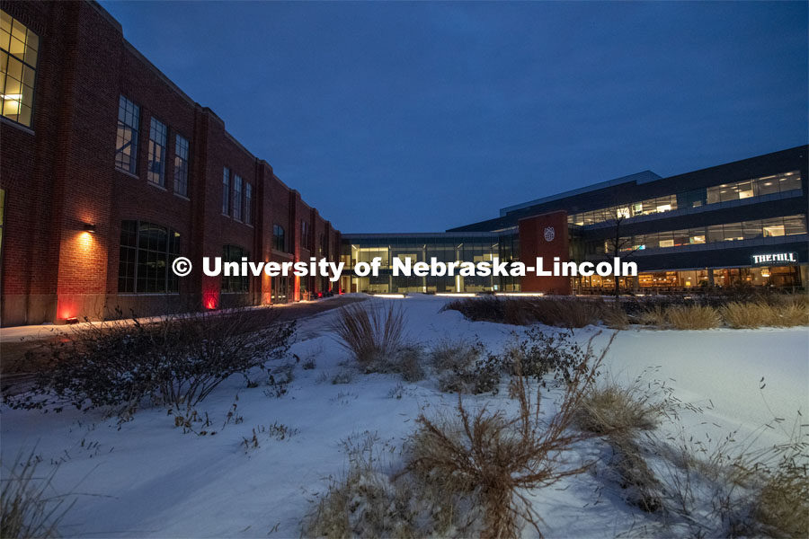 Nebraska Innovation Campus puts its red on as part of Glow Big Red. The University of Nebraska celebrates its 150th Anniversary by lighting up the campus in red. Glow Big Red. February 14, 2019. Photo by Gregory Nathan / University Communication.