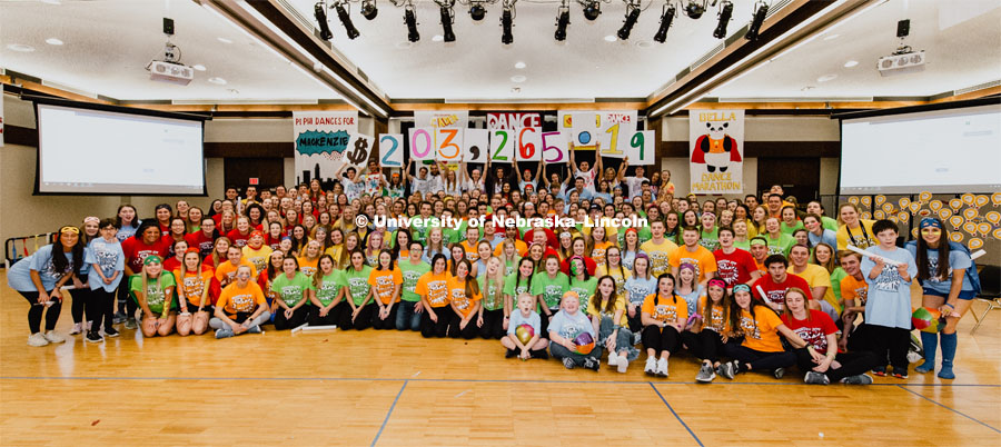 Final group photo at the end of the night. 1274 Nebraska students signed up to be part of the Huskerthon Dance Marathon for Children's Hospital in Omaha. February 16, 2019. Photo by Justin Mohling / University Communication.